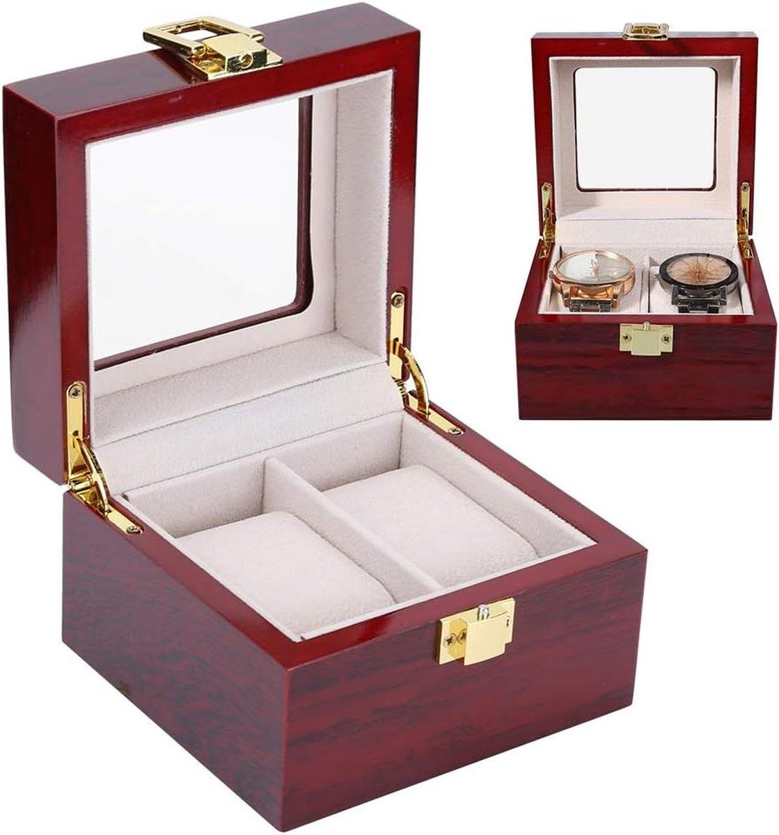 Horlogebox voor 2 horloges - houten horlogekast met afneembare kussens - elegante horlogeopberger