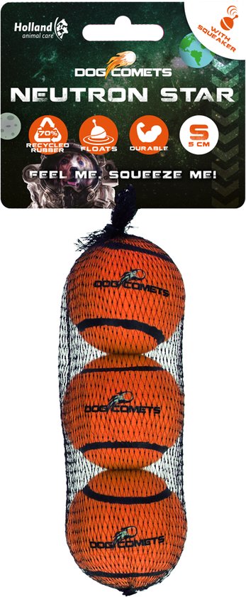 Verpakking met drie oranje 'DOG COMETS NEUTRON STAR' tennisballen met zwarte strepen.