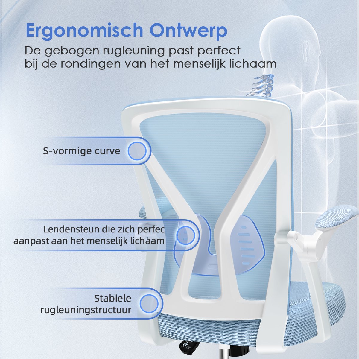 Elekiatech Ergonomische Bureaustoel - Bureaustoel - Opklapbare Armleuningen - Bureaustoelen voor Volwassenen-150 Kg-Blauw thumbnail 3