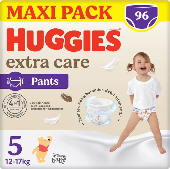 Foto: Huggies extra care baby luierbroekjes maat 5 12 tot 17kg 96 luiers met zachte elastische tailleband en disney designs maxi pack