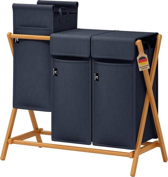 AdelDream Wasmand, van bamboe, wassorteerder, wasverzamelaar, 2 vakken, waswagen met afneembare waszak, wasbox, 100 liter, zwart