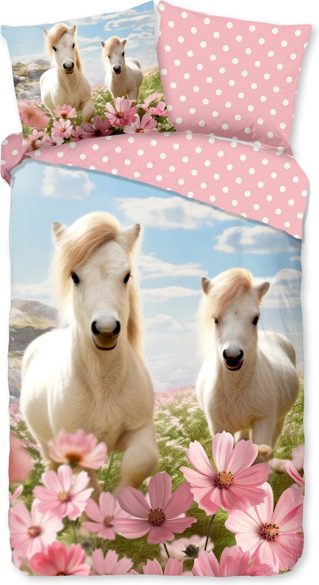 Good Morning dekbedovertrek witte paarden met bloemen - 1 persoons 140x200/220 cm - Roze - 100% Katoen renforce