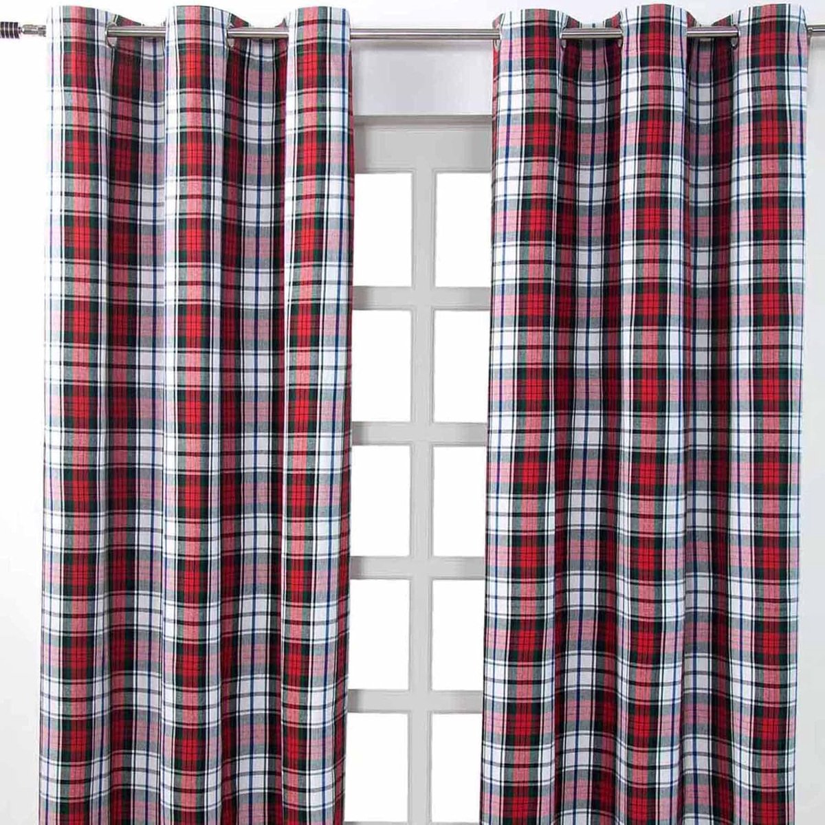 Homescapes MacDuff Tartan ooggordijnen set van 2 100% katoen, 182 x 137 cm Rood/Wit/Groen