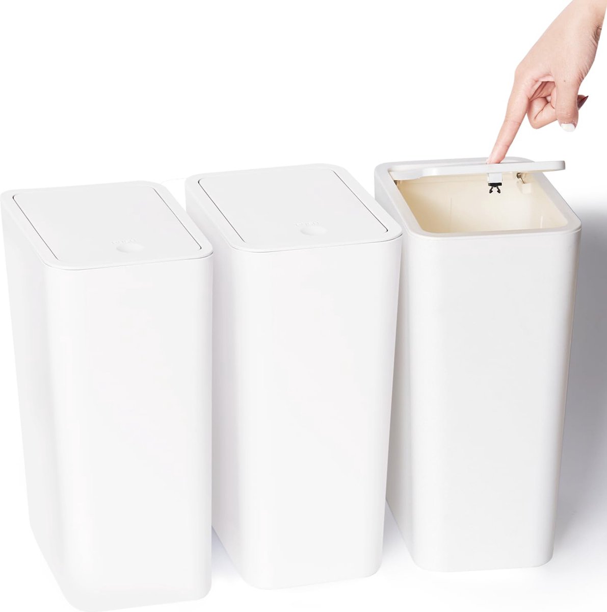 Set van 3 kleine vuilnisbakken, 10L badkamerprullenbak met klapdeksel, moderne afvalbak, prullenbak voor kantoor/badkamer/keuken/slaapkamer (PP-materiaal - wit)