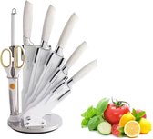Bol.com Royalty Line® WHT8W Messenset Met Blok - 8 Delig Messenblok Met Draaibaar Standaard - Scherpe Messensets - RVS / Wit aanbieding