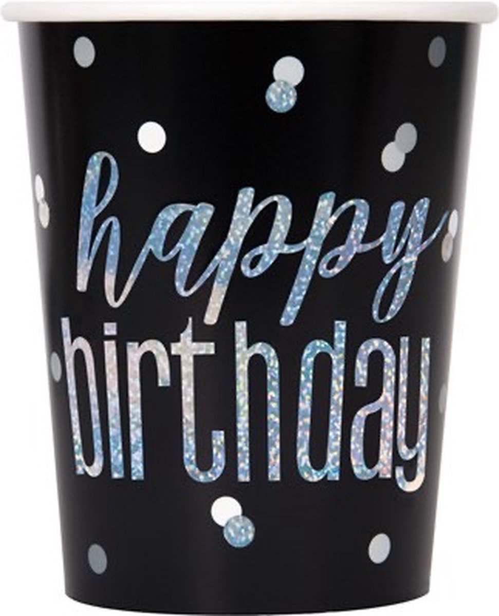 Happy birthday drinkbekertjes 8 stuks Unique / zwart met zilver kartonnen bekertjes verjaardags feestje