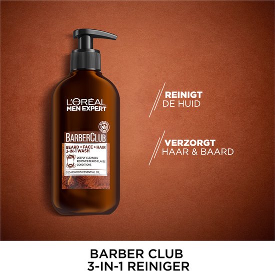 Bruine pompflacon van L'Oréal Men Expert BarberClub 3-in-1 reiniger, met cederhout olie.