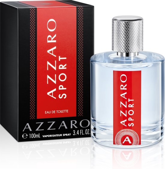 AZZARO SPORT Eau de Toilette fles en doosje, zwart met een rode band.