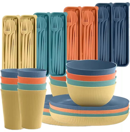 Set De Camping 6 Pièces – Assiette, Couverts, Gobelet, Sac De Rangement, Polypropylène, Gris, Idéal Pour Extérieur