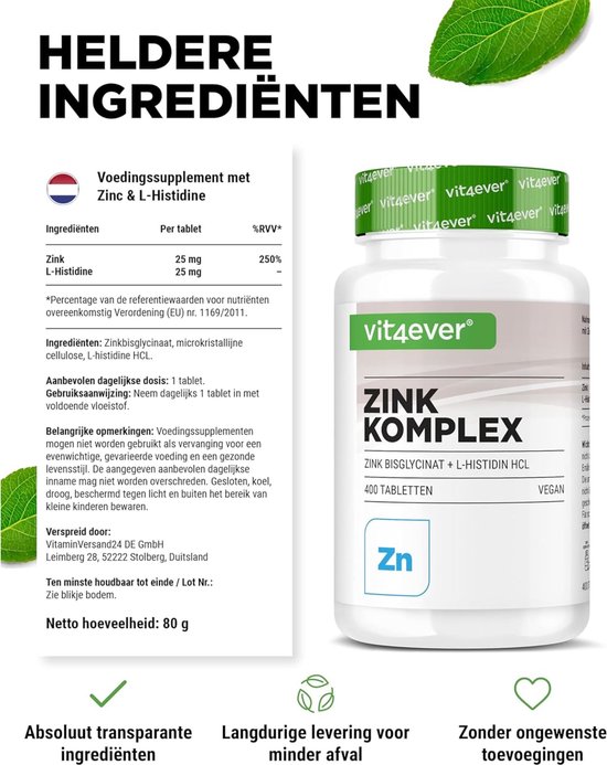 Complément Zinc 25 Mg + L-Histidine - 400 Comprimés Végétaliens, Haut Dosage - Neuf