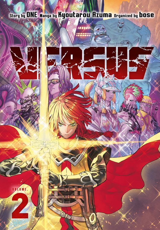 Cover van manga 'Versus 2' met een heldere, zwaardzwaaiende vrouw op de voorgrond, omringd door diverse personages en een futuristische achtergrond.