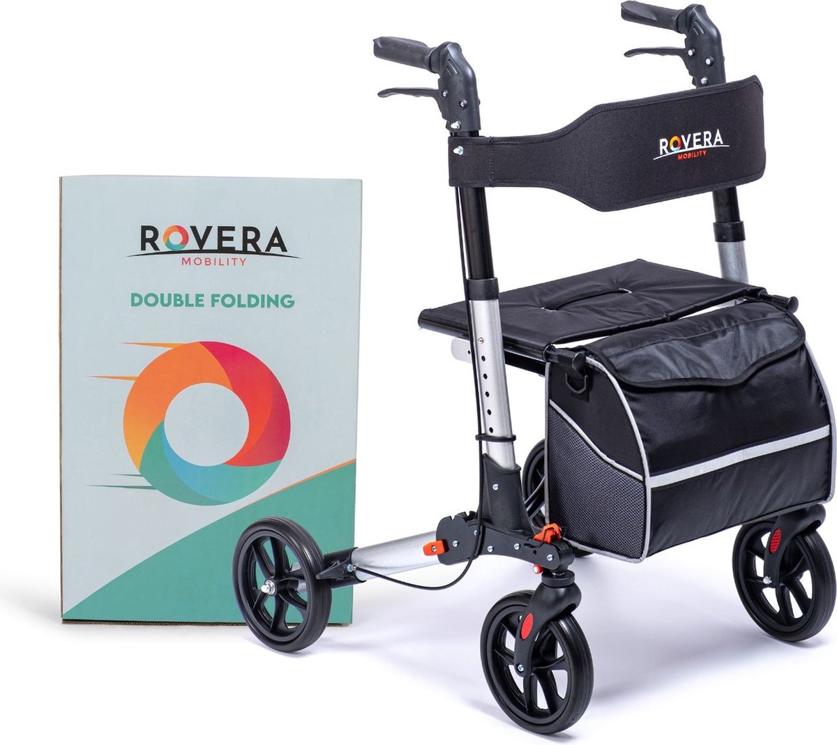 Goedkoopste Rovera Mobility® DualFold Easy Rollator - Lichtgewicht en Dubbel Opvouwbaar - Kwaliteitsrollator - Incl. Luxe, Stijlvolle Rollatortas en Brede Gewatteerde Rugsteun en Zitting - Binnen en Buiten - Stijlvol Zilver