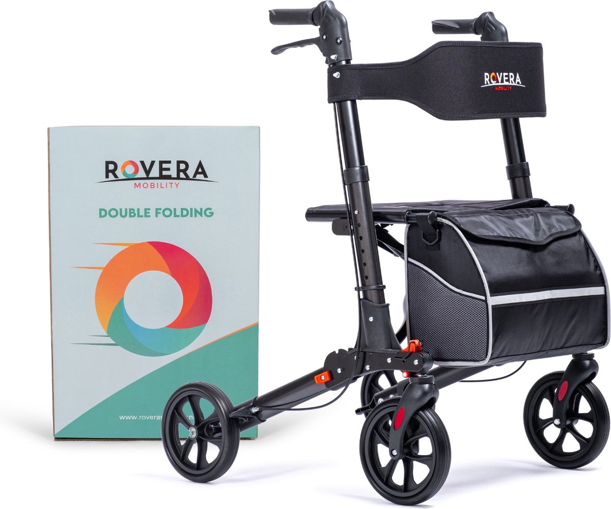 Goedkoopste Rovera Mobility® DualFold Easy Rollator - Lichtgewicht en Dubbel Opvouwbaar - Kwaliteitsrollator - Incl. Luxe, Stijlvolle Rollatortas en Brede Gewatteerde Rugsteun en Zitting - Binnen en Buiten - Chique Antraciet
