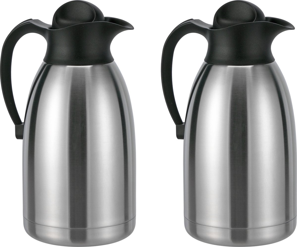 Thermoskan - 2x stuks - zilver/zwart - 2 liter - RVS - isoleerkan - warme/koude dranken - koffiekan/theekan