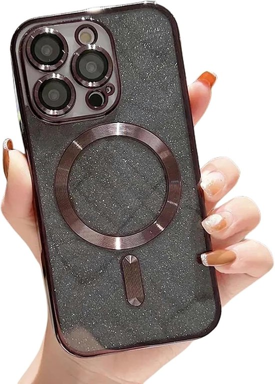 Donkergrijs glitter hoesje voor iPhone 14 Pro met magsafe ring en camera-uitsparing.
