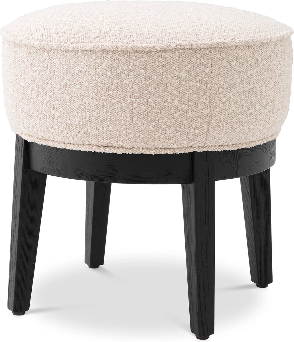 Eichholtz comfortabele voetenstoel of extra zitplaats Jarret creme met zwarte poten Ø 45.5 | H. 47 cm