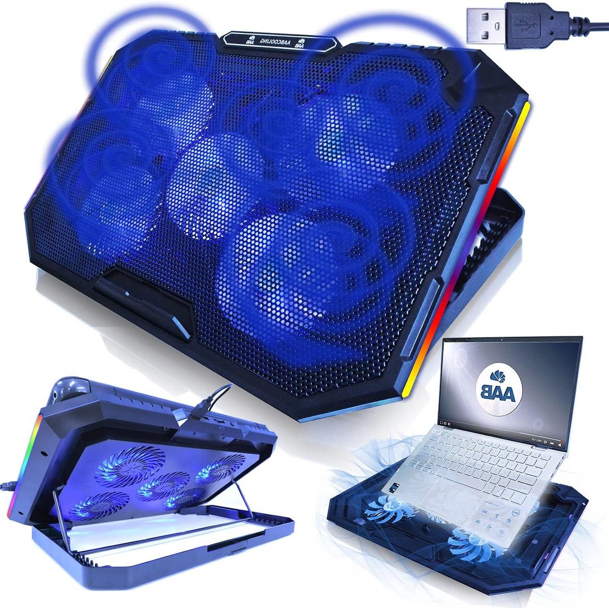 17 Inch Laptop Cooling Mat with 5 Fans - Adjustable Tilt and Blue Backlight - Computer Cooling Fan - Notebook Cooler Stand - Multicolour-illuminated RGB