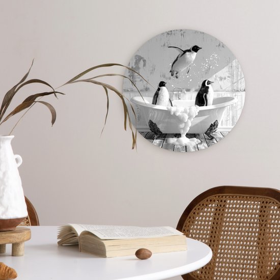 WallCircle® Wandcirkel 30x30 cm - Muurcirkel Pinguïns - Vintage - Dieren - Zwart - Wit - Vogels - Badkamer - Bad - Muurdecoratie cirkel woonkamer - Wanddecoratie slaapkamer - Kamer decoratie accessoires - Ronde schilderijen binnen