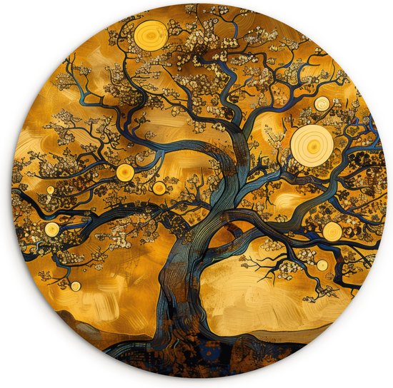 WallCircle® Wandcirkel 60x60 cm - Muurcirkel Boom - Levensboom - Abstract - Goud - Herfst - Kunst - Illustratie - Muurdecoratie cirkel woonkamer - Wanddecoratie slaapkamer - Kamer decoratie accessoires - Ronde schilderijen binnen