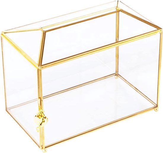 Gouden glazen kist met een sleutel en slotje, ideaal voor enveloppen.