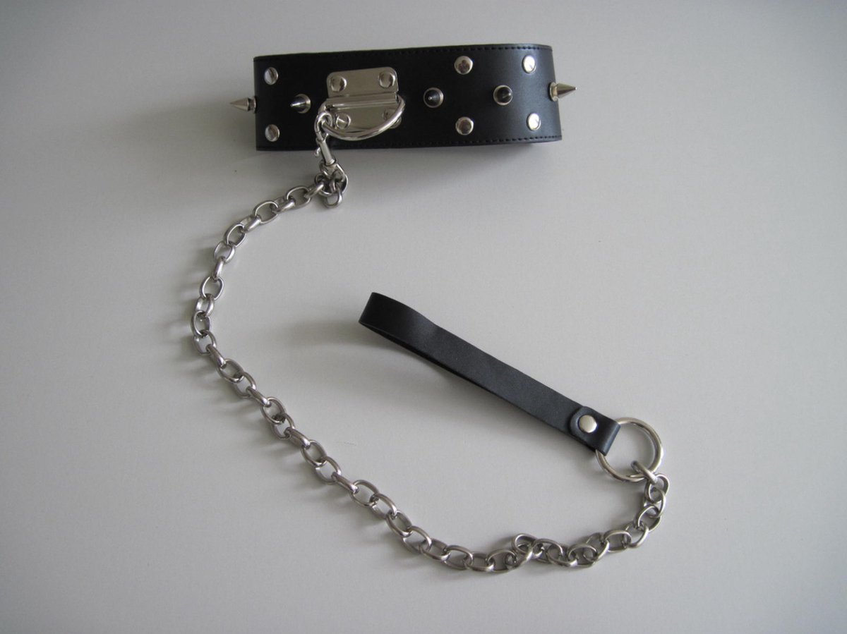 Mister B - Collar - Halsband van Tuigleer met Kegelniet en Hondenriem