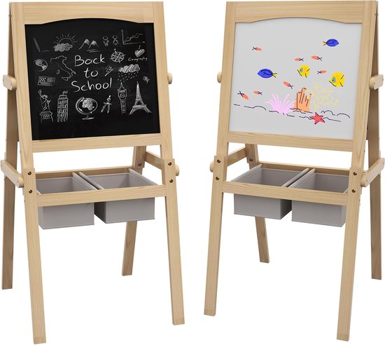 AIYAPLAY Chevalet Enfant 3 En 1 - Tableau Double Face Noir Et Blanc Magnétique + Rouleau Papier, Avec 2 Paniers Rangement - Bois De Pin Massif Naturel