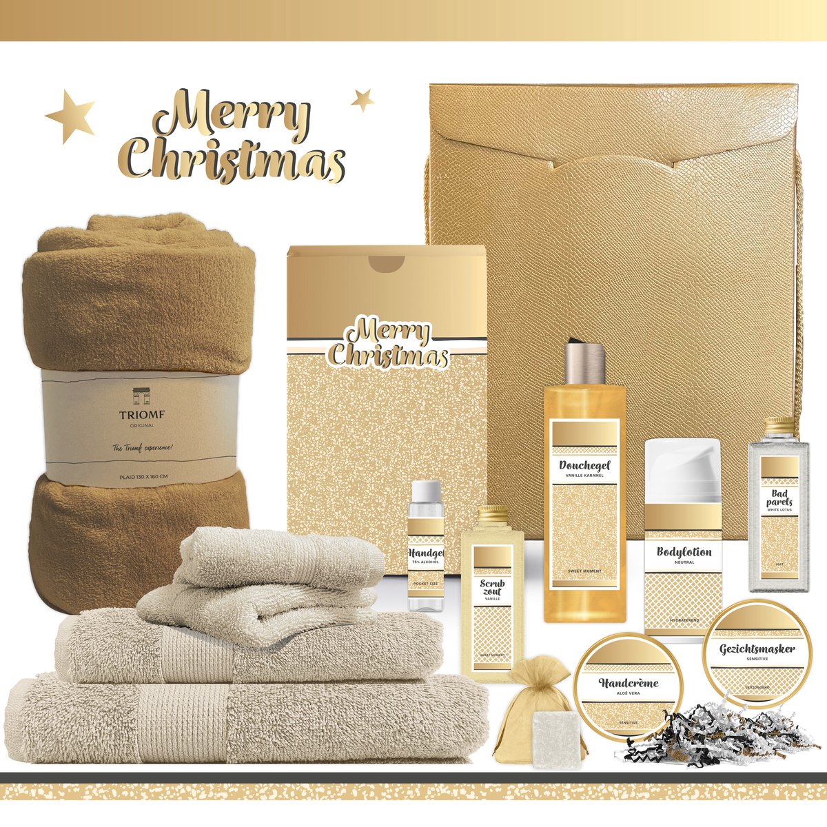 Geschenkset “Merry Christmas!” - 13 producten - 1910 gram | Luxe Kerst Cadeaubox voor haar - Wellness Pakket Vrouw - Giftset Fijne Feestdagen - Cadeaupakket Kerstcadeau - Geschenk Kerstpakket Werknemer Cadeau Bedrijf Relatiegeschenk - Gift Set Goud