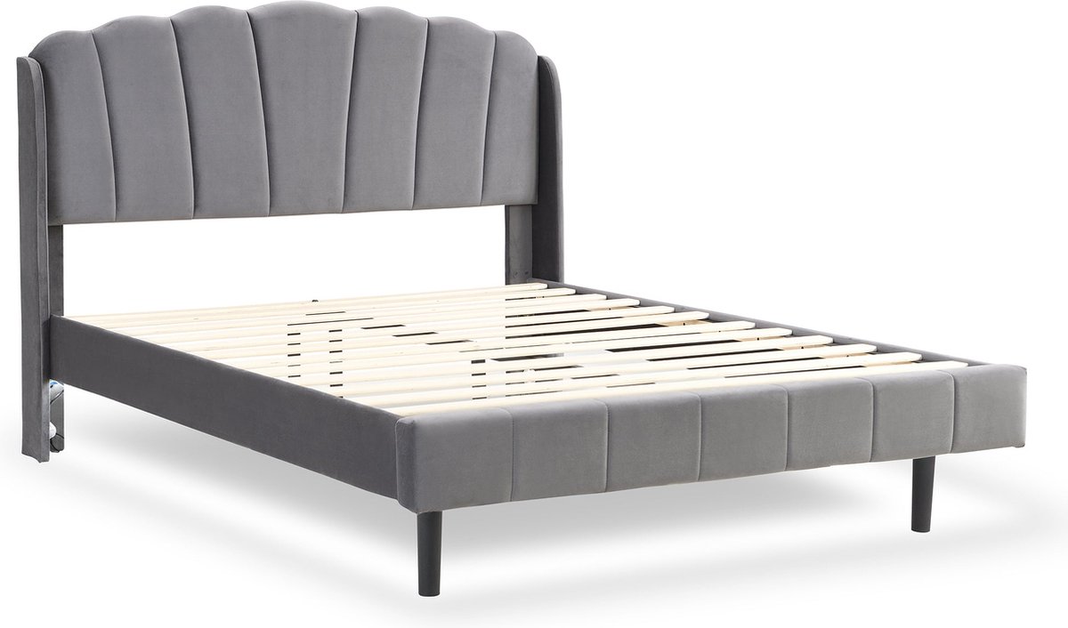 Merax Queensize Tweepersoonsbed 160x200cm - Gestoffeerd Bed met Bewegingsgevoelige LED Verlichting - Fluwelen Bedframe - Grijs
