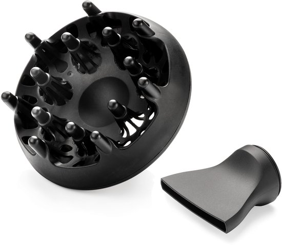 Zwarte diffuser en smal opzetstuk voor een Bellissima föhn.