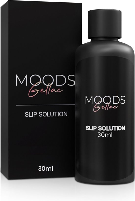 Zwarte fles en doosje 'MOODS Gellac Slip Solution 30ml' tegen een witte achtergrond.