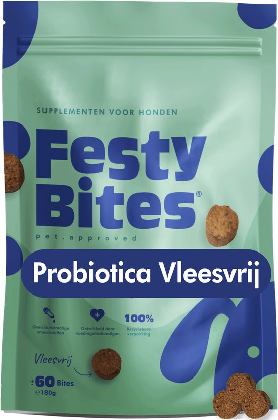 FestyBites Probiotica Hond Vleesvrij – Hondensupplement bij gevoelige maag & onrustige spijsvertering – 60 stuks – Natuurlijk & graanvrij – FAVV-gekeurd