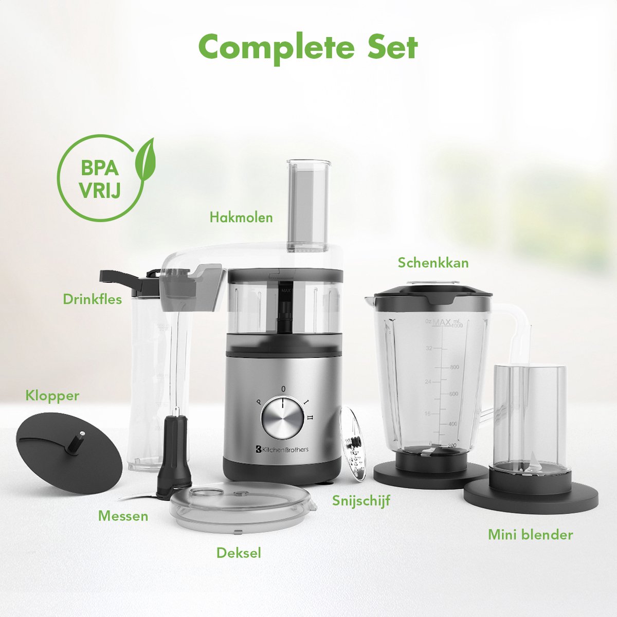 KitchenBrothers Foodprocessor - 5 in 1 Multifunctioneel Model - Hakmolen - Groentesnijder - BPA Vrij - 0,5L - Keukenmachine - Uiensnijder - Zwart thumbnail 3