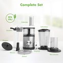 Complete set met hakmolen, drinkfles, klopper, messen, deksel, schenkkan, snijschijf en mini blender. BPA-vrij.