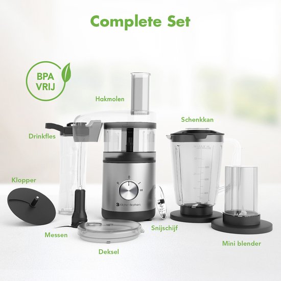 Complete set met hakmolen, drinkfles, klopper, messen, deksel, schenkkan, snijschijf en mini blender. BPA-vrij.