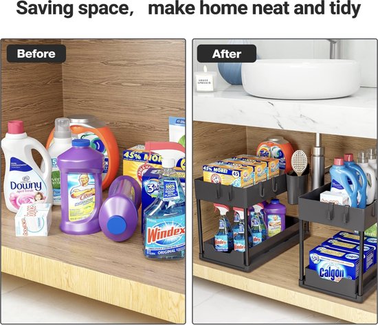Puricon Opbergrek Voor Onder De Gootsteen, Keukenopberger, 2 Niveaus Met Uitschuiflade Multifunctioneel Opbergrek Voor Badkamer Aanrecht Wasruimte Grijs