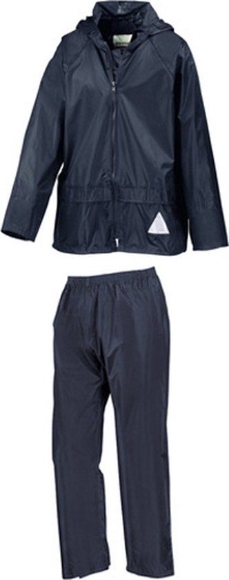 Donkerblauw regenpak bestaande uit een jas en een broek.