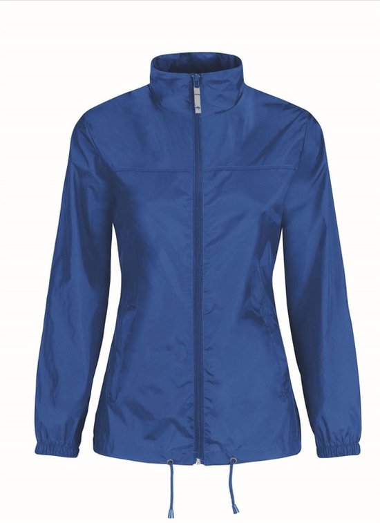 Blauwe dames windjack met rits, trekkoordjes aan de onderkant.