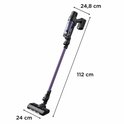 Paarse steelstofzuiger met afmetingen 112 cm hoogte, 24,8 cm breedte en 24 cm diepte.