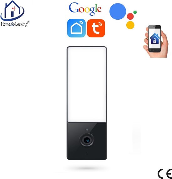 Zwarte beveiligingscamera met een lange, witte, verlichte lamp, met Google en Tuya logo's.