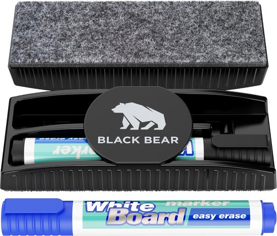 Foto: Blackbear magnetische whiteboardwisser set black bear inclusief 2 uitwisbare markers blauw zwart zwart 15 cm