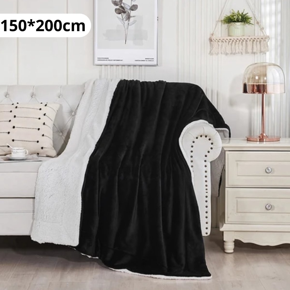 Bovista Deken - Pluche - Wollen - Dekentje - Fleece - Plaid - Knuffeldeken - Bank Deken - 2 Persoons - Zwart
