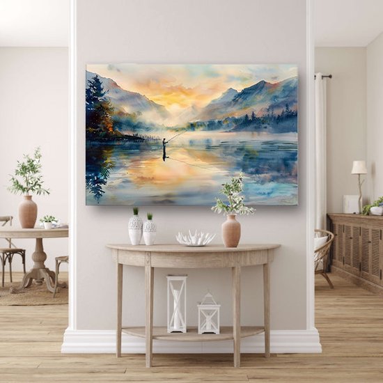 Décoration murale pêcheur - Tableau homme - Peintures toile Montagnes - Tableau Vintage - Tableau toile salon - Toile décoration murale chambre 90x60 cm