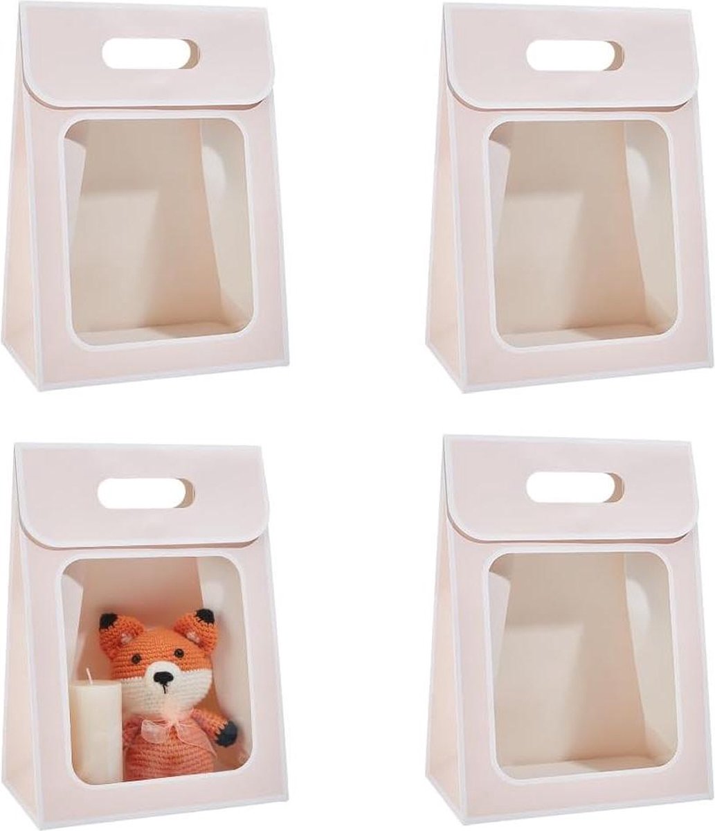 12 stuks kraftpapieren zakken met venster - opstaande papieren zak met handgrepen - 215 x 13 x 30 cm - opvouwbare tas voor snoepkoekjes - verpakking voor bruiloft - winkel mistige roos