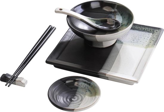 Dätenky Sushi-set, keramisch bestek, sushi-servies voor vier personen, borden, eetstokjeshouder