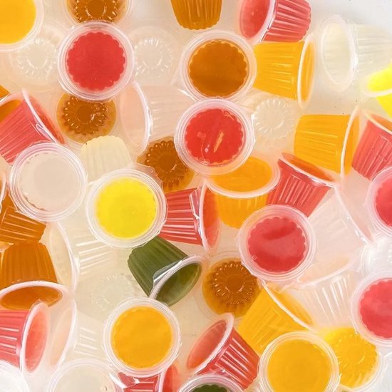 Veelkleurige fruitcups voor vogels in rood, geel, oranje en groen, verpakt in doorzichtige plastic bakjes.