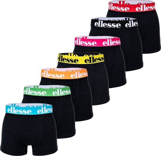 Zeven zwarte boxershorts met gekleurde taillebanden: rood, zwart, roze, geel, oranje, groen en lichtblauw.