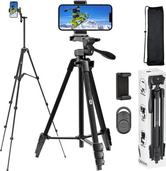 Studio ME Telefoon Statief - 136 cm - Tripod Smartphone - Zwart - Camera Statief - Telefoonhouder - Incl. Bluetooth Afstandsbediening - Tripod Iphone - Statief Telefoon