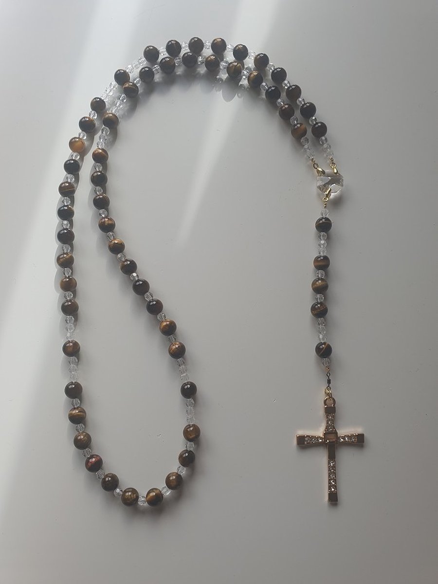 Rozenkrans, Paternoster gemaakt met Tijgeroog halfedelsteen kralen met goud kleurig kruis en o.a. kristallen van Swarovski, gebedssnoer, kruisteken, Meditatie, spiritueel, geloof, geloofsteken, gebedssnoer, gebedsketting, kerstpakket cadeau
