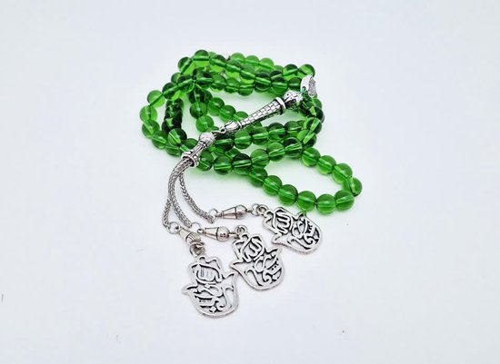 Handgemaakte tesbih natuursteen "Groene kwartz" - Aantal kralen 99 - Diameter kralen 8MM - met metaal tassel "Maryams handpalm" - Een mooi cadeau-idee