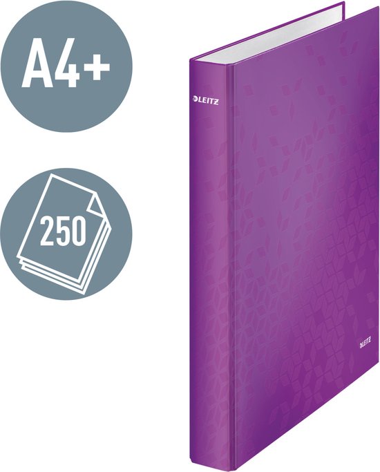 Paarse Leitz ringband A4 met geometrisch patroon, geschikt voor 250 vel.